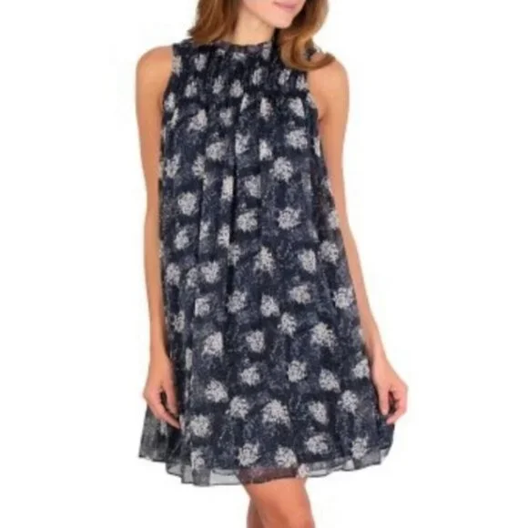 Joie SZL NWT Silky Navy Baltic Print smocked dress Dressy Office Boho Romantic - Picture 3 of 13